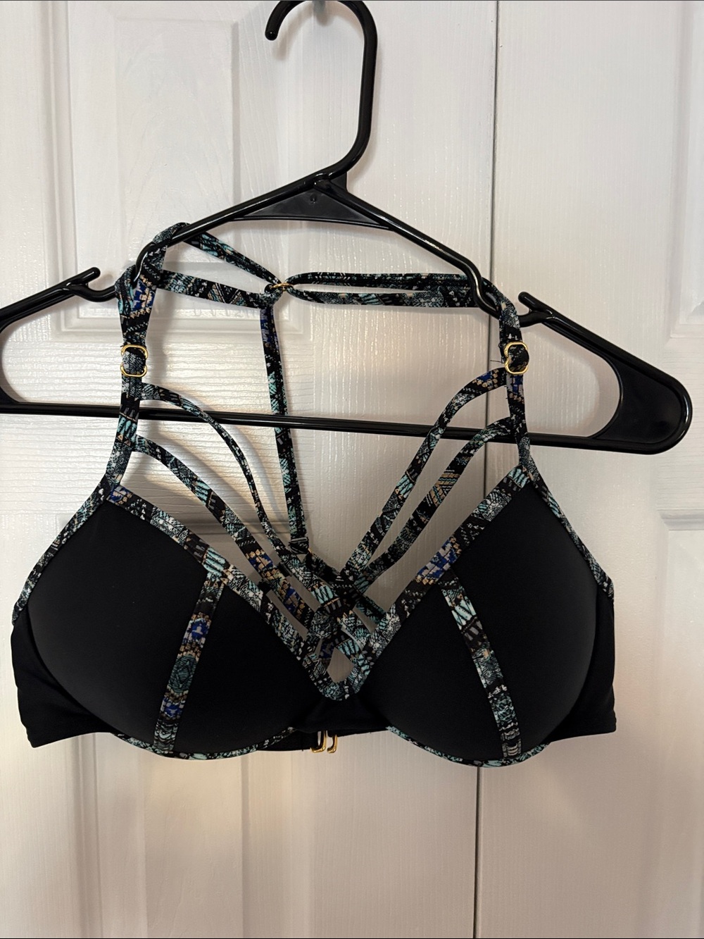 Ambrielle Black Swim Bra with Teal & Blue Strappy Trim